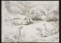 Studies of a barrow and cart, a man pushing a barrow, and a boy sitting on the ground with pack and hat beside him