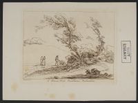 Landscape with five figures, one pushing a wheeling barrow
