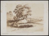 Landscape with a bridge over a river and trees in the foreground and a ruin on a hill in the background