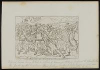 Marcus Valerius Corvus drags the dead body of a Gaul, surrounded by soldiers