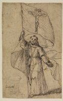 Franciscan monk holding a banner with the Crucifix