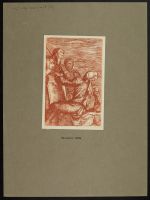 Warrior seated on a rock by two other warriors