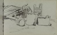Baskets, containers, etc. on the shore, a flat boat, background