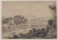 Italianate landscape with a shepherd and sheep crossing a bridge