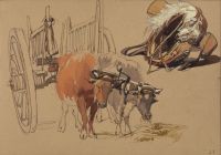 Cart drawn by oxen, and study of a halter