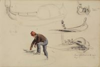 Sheet of studies, top L to bottom R: A gondola viewed from the prow, and a gondola viewed from the stern; a man paddling a gondola; stern of a gondola and detail of a rowlock; man on steps, leaning towards a dish; stern of sailing vessel