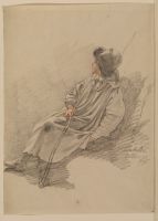 Boy in a smock, seated on a bank