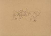Bullock (?) cart, with seated figures