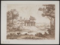 Classical landscape with a river, a castle and a ruined temple