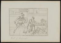 Archimedes, working at his desk, about to be killed by a soldier