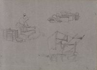 Sheet of studies: 1) a woman with crates 2) packages and boxes 3) a stall, or washerwomen's covered jetty