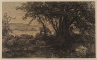 Landscape with sheep and shepherd