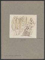 Sketch of figures, three standing at left in short dress, one at right foreground kneeling and offering up a token