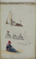 Study of boat and sitting female figures in traditional costume with standing male figure