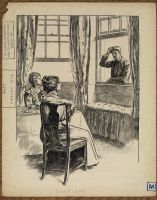 Illustration to 'The Entrance of Tobias' - a man raises his hat through a window to greet two ladies seated at a table