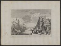 Ship in an urban harbour, with merchants