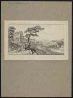 Landscape with three figures by a tree in the foreground, with a castle in the background