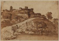 Landscape with walled town on a hill
