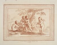 Three children playing with a lamb and one playing a clarinet