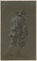 Peasant in sheepskin tunic, full-length, walking, seen from behind
