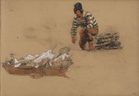 Studies of fishing boats with stowed masts and sails, and a sailor