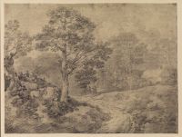 Wooded landscape with donkeys, cottage and figures riding on a path