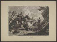 Landscape with shepherd driving two mules and a herd of goats