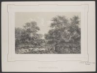 Landscape, figures walking and resting on a path in a forest
