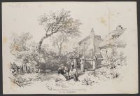 A group of people in a landscape with houses
