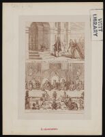 Two scenes from Puss in Boots, Tom Puss receiving the King, and  making a Speech