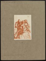 Group of three soldiers, one seated on a rock, back view, other  two leaning on a wall