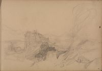Mountain landscape with rocky outcrop and tree (recto)