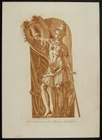 A female soldier standing in a niche holding up her shield