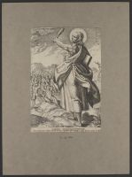 Saint Jude with scenes of his martyrdom and a demon on a  classical building in the background