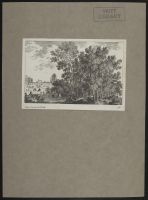 Wooded landscape with horses and a building in the background