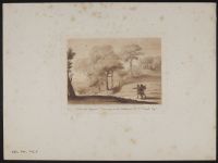 Landscape with trees and two men walking towards an expanse of water