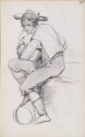 Seated man with right foot resting on barrel (?)