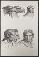 Three male human heads and three eagle heads