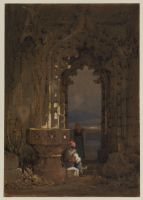 Gothic ruin - archway and font with two figures conversing (Whitby Abbey?)