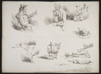Studies of figures, a dog, a goat and rabbits