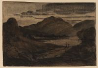 Landscape at dusk with mountains and lake with figures on shore