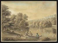 Figures disembarking from a boat in Stourhead with the Chinese Bridge and Obelisk in the background