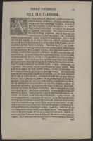 Page of text with a decorated letter and a plate illustrating armour and weapons