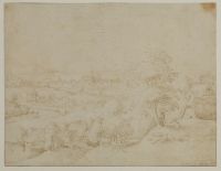 Landscape with a town in the background, in the right foreground a group of pigs watched by a parent and child
