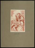 Two men, one seated on a block leaning on a sword