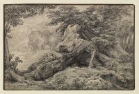 Rocky and wooded landscape with figures