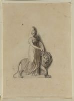 Female figure with helmet and shield holding a lion on a leash - illustration to Bowyer's 'History of England'