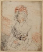 Knee-length view of a seated lady with a dog on her lap