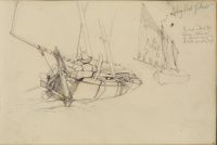 Two studies of a fishing boat from the stern (L) and prow (R)