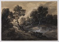 Landscape with cattle on a road running through a wooded valley